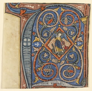 Initial F: Saint Michael and the Dragon; Cambron, Belgium; about 1260 - 1270; Tempera colors on parchment; silver paint, tempera