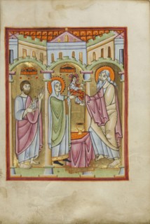 The Presentation in the Temple; Regensburg, Bavaria, Germany; about 1030 - 1040; Tempera colors, gold leaf, and ink on parchment