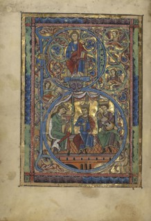 Initial B: Christ in Majesty and David with Musicians; Würzburg, Germany; about 1240 - 1250; Tempera colors, gold leaf