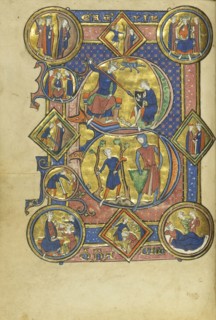 Initial B: David Playing the Harp and David and Goliath; Paris, France; about 1250 - 1260; Tempera colors, gold leaf, and ink
