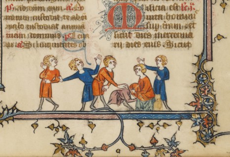 Initial P: A Funeral Service; Paris, France; about 1320 - 1325; Tempera colors, gold leaf, and ink on parchment; Leaf