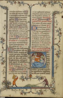 Initial P: The Nativity; Paris, France; about 1320 - 1325; Tempera colors, gold leaf, and ink on parchment; Leaf: 16.7 x 11.1 cm