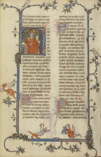 Initial H: Saint Peter Enthroned with a Key and a Book; Paris, France; about 1320 - 1325; Tempera colors, gold leaf, and ink