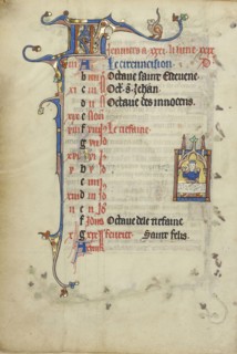 Janus Feasting; Northeastern France, France; about 1300; Tempera colors, gold leaf, and ink on parchment; Leaf: 26.4 x 18.3 cm