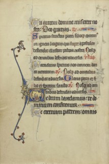 Initial T: A Cleric with Two Assistants; Northeastern France, France; about 1300; Tempera colors, gold leaf, and ink