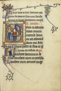 Initial A: The Mocking of Christ; Initial L: Two Men Holding Scrolls; Northeastern France, France; about 1300; Tempera colors