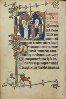 Initial D: The Annunciation; Initial D: A Young Man Praying to Christ in the Clouds; Northeastern France, France; about 1300