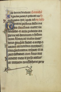 Initial O: A Young Man and a Devil before the Virgin and Child; Northeastern France, France; about 1300; Tempera colors, gold