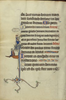 Initial J: David Playing the Harp and Two Persons Praying; Northeastern France, France; about 1300; Tempera colors, gold leaf