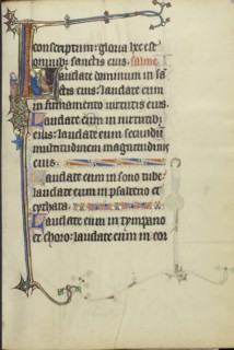 Initial L: Two Men Playing a Harp and a Hand Organ; Northeastern France, France; about 1300; Tempera colors, gold leaf, and ink