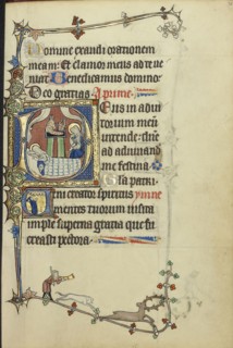 Initial D: The Nativity; Initial V: A Monk in Prayer; Northeastern France, France; about 1300; Tempera colors, gold leaf