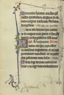 Initial B: David and Goliath; Northeastern France, France; about 1300; Tempera colors, gold leaf, and ink on parchment; Leaf