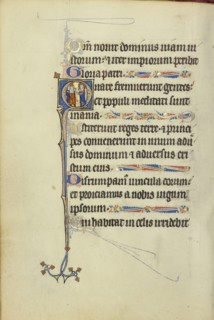 Initial H: A Deacon in Prayer before a Saint with a Book and Martyr's Palm; Northeastern France, France; about 1300; Tempera