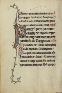 Initial P: The Virgin Mary Opening a Door to a Woman; Northeastern France, France; about 1300; Tempera colors, gold leaf