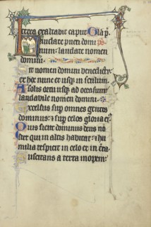 Initial L: Clerics Singing; Northeastern France, France; about 1300; Tempera colors, gold leaf, and ink on parchment; Leaf