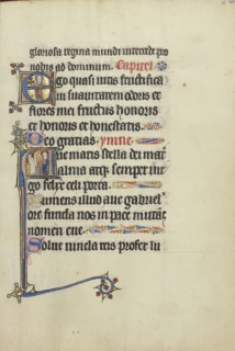 Initial E: A Female Saint, Mary?, with a Book and Flowers; Initial A: The Annunciation; Northeastern France, France; about 1300