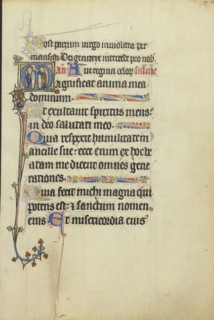 Initial M: The Virgin and Child with a Saint; Northeastern France, France; about 1300; Tempera colors, gold leaf, and ink