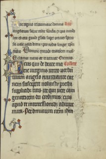 Initial D: The Annunciation; Northeastern France, France; about 1300; Tempera colors, gold leaf, and ink on parchment; Leaf