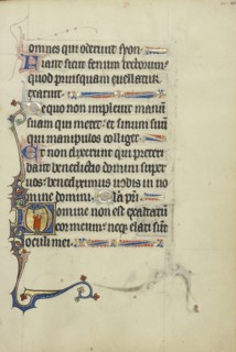 Initial D: A Young Man in Prayer; Northeastern France, France; about 1300; Tempera colors, gold leaf, and ink on parchment; Leaf