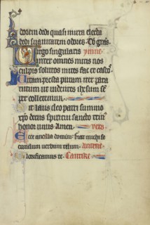 Initial V: A Crowned Female Saint with a Book and a Martyr's Palm; Northeastern France, France; about 1300; Tempera colors, gold
