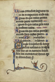 Initial O: The Lord Enthroned; Northeastern France, France; about 1300; Tempera colors, gold leaf, and ink on parchment; Leaf