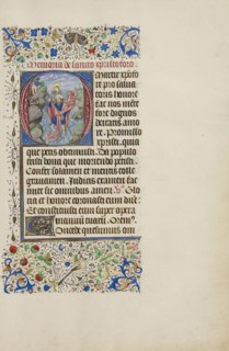 Initial O: Saint Christopher Carrying the Christ Child; Master of the Llangattock Hours, Flemish, active about 1450 - 1460