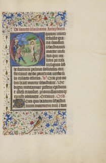 Initial O: The Martyrdom of Saint Sebastian; Master of the Llangattock Hours, Flemish, active about 1450 - 1460, Bruges
