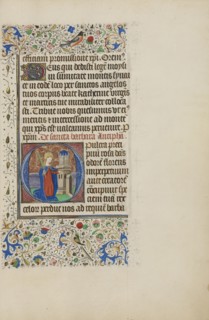 Initial O: Saint Barbara before a Tower; Master of the Llangattock Hours, Flemish, active about 1450 - 1460, Bruges