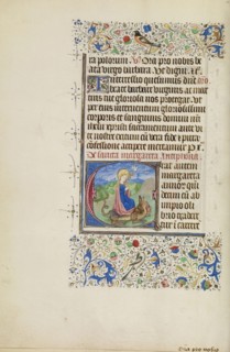 Initial E: Saint Margaret and a Dragon; Master of the Llangattock Hours, Flemish, active about 1450 - 1460, Ghent, bound