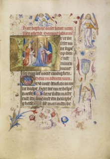 Initial H: The Annunciation; Brabant, possibly, Flanders, Belgium; after 1460; Tempera colors, gold leaf, and ink on parchment