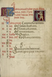 A Man Slaughtering a Pig; Naples, Campania, Italy; about 1460; Tempera colors, gold, and ink on parchment; Leaf: 17.1 x 12.1 cm