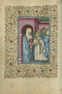 The Virgin Nourished by an Angel; Naples, Campania, Italy; about 1460; Tempera colors, gold, and ink on parchment; Leaf