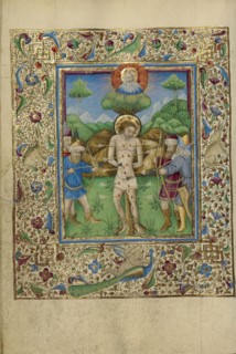 The Martyrdom of Saint Sebastian; Naples, Campania, Italy; about 1460; Tempera colors, gold, and ink on parchment; Leaf