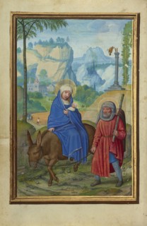 The Flight into Egypt; Simon Bening, Flemish, about 1483 - 1561, Bruges, Belgium; about 1525 - 1530; Tempera colors, gold paint