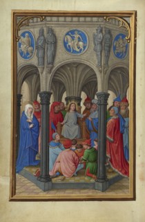 The Dispute in the Temple; Simon Bening, Flemish, about 1483 - 1561, Bruges, Belgium; about 1525 - 1530; Tempera colors, gold