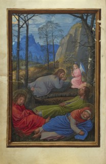 The Agony in the Garden; Simon Bening, Flemish, about 1483 - 1561, Bruges, Belgium; about 1525–1530; Tempera colors, gold paint