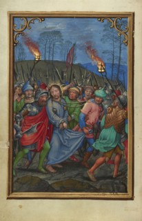 The Arrest of Christ; Simon Bening, Flemish, about 1483 - 1561, Bruges, Belgium; about 1525 - 1530; Tempera colors, gold paint