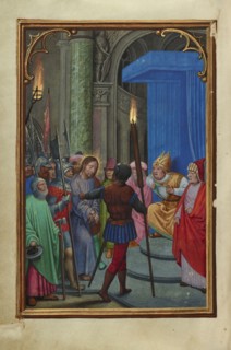 Christ before Caiaphas; Simon Bening, Flemish, about 1483 - 1561, Bruges, Belgium; about 1525 - 1530; Tempera colors, gold