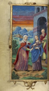 The Visitation; Paris, France; 1544; Tempera colors and gold paint on uterine parchment; Leaf: 14.3 x 8.1 cm, 5 5,8 x 3 3,16 in