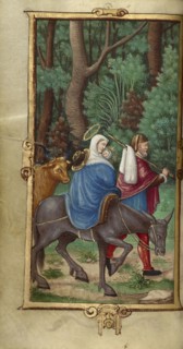 The Flight into Egypt; Paris, France; 1544; Tempera colors and gold paint on uterine parchment; Leaf: 14.3 x 8.1 cm