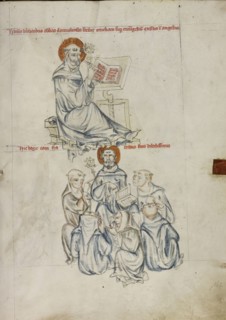 Bernard of Clairvaux Writing; Bernard Preaching to Brothers of the Order; Unknown maker; Silesia, Poland; 1353; Tempera colors