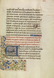 Initial A: Saint Anthony Saving Five Children from Wolves; Master of the Brussels Romuléon or workshop Flemish, active