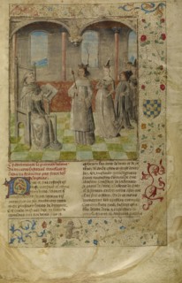 Louis IX Visiting Vincent of Beauvais; Ghent, Belgium; about 1475; Tempera colors, gold leaf, and gold paint on parchment; Leaf