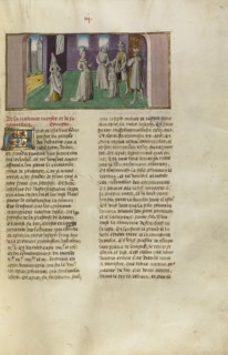 Moses before Pharaoh and Thermutis; Ghent, Belgium; about 1475; Tempera colors, gold leaf, and gold paint on parchment; Leaf