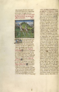 Alexander the Great and King Porus in Battle; Ghent, Belgium; about 1475; Tempera colors, gold leaf, and gold paint on parchment