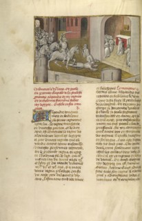 King Ptolemaios Soter Invading Jerusalem; Ghent, Belgium; about 1475; Tempera colors, gold leaf, and gold paint on parchment