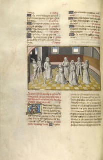 Tiberius Receiving the Crown from the Senators; Ghent, Belgium; about 1475; Tempera colors, gold leaf, and gold paint