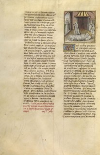 The Virgin at the Bedside of a Dying Woman; Ghent, Belgium; about 1475; Tempera colors, gold leaf, and gold paint on parchment