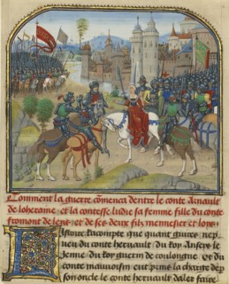 The Battle Between Arnault de Lorraine and His Wife Lydia; Loyset Liédet, Flemish, active about 1448 - 1478, and Pol Fruit