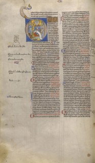 Initial D: A Bishop Enthroned with Two Plantiffs; Paris, France; about 1170 - 1180; Tempera colors, gold leaf, and ink